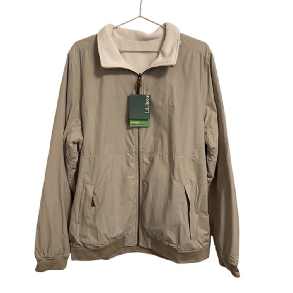 LL Bean Reversible Warm-Up Jacket Tan Nylon Cream Fleece Full Zip NWT